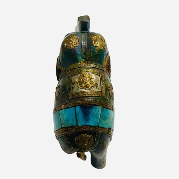 Carved Wood Indian Elephant Copper Brass and Bovine Bone Inlay Embellishments - Picture 9 of 13